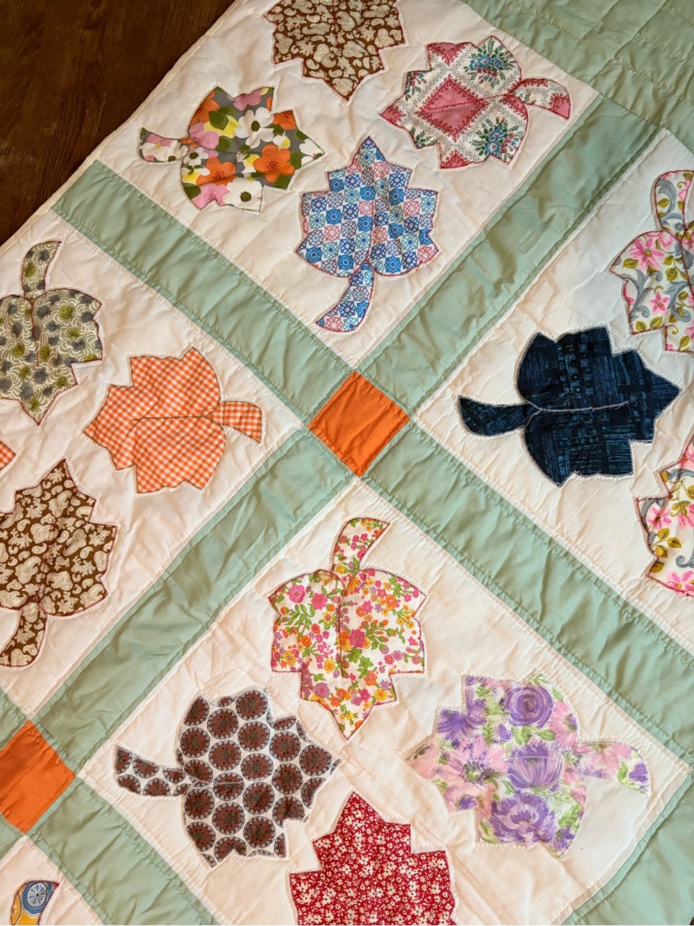 Queen size Handmade Leaf Patchwork Quilt - Multi Floral and Pastel Green